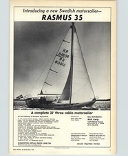 1972 CARTA PUBBLICITARIA Motoscafo Svedese Rasmus 35 Barca a Vela Tre Cabine 75 HP Volvo