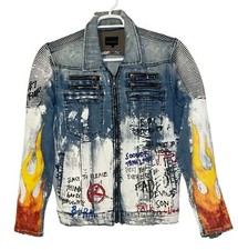 Giacca Rockstar Denim Graffiti Uomo Taglia Large Full Zip Tasche Anticato