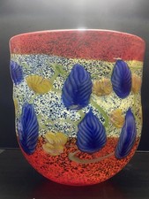 Vaso vetro Murano firmato Grande fiori foglie applicate colorato h 32,5