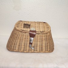 Cesto tessuto vintage anni 50 vimini pesca creel pelle fissaggio pesce loggia trote