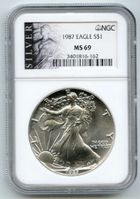 1987 American Eagle 1 Oncia Argento Dollaro NGC MS69 Certificato Moneta - L643