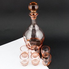 Bottiglia in vetro soffiato con tappo colore rosa + 6 bicchieri vintage