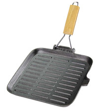 BISTECCHIERA GHISA PIENA PESANTE PROFESSIONALE ANTIADERENTE MANICO LEGNO 24 cm