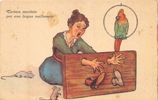 D4010) CARTOLINA SATIRICA TORTURA MERITATA PER UNA LINGUA MALFAMATA PAPAGALLO