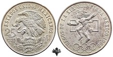 MESSICO 25 pesos 1968 UNC SILVER moneta argento Giochi Olimpici Messico