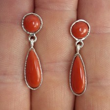 Antichi Orecchini A Goccia  Vero Corallo Sardegna Rosso Bottoni Argento 925 Oro