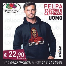 FELPA CAPPUCCIO TASCONE UOMO STAMPA LA CASA DI CARTA 3 PERSONALIZZATA STAMPATA