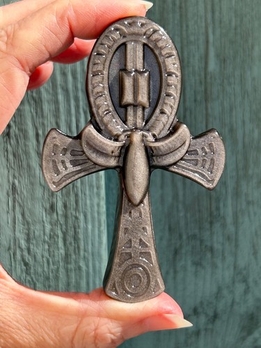 Silver sheen obsidian - sheen, ankh