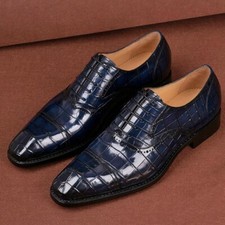 Scarpe da lavoro stringate uomo eleganti fatte a mano in pelle di coccodrillo blu sfumato