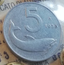 RARA - 5 LIRE 1956 - BB PERIZIATA - DELFINO - MONETA REPUBBLICA ITALIANA