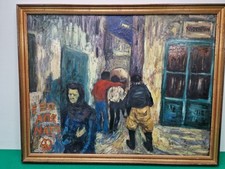 Quadro olio su tavola incorniciato non firmato arte popolare naif NATO CND e festa in Verso