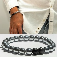 Bracciale elastico braccialetto argento donna sfere acciaio 100% agata nera 18cm