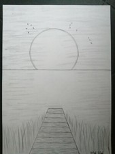 Disegno a matita, tramonto sul
