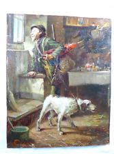 IDEA REGALO QUADRO DIPINTO A OLIO SCENA DI CACCIA CACCIATORE CON CANE