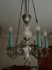 Lampadario saliscendi stile Liberty in ottone e porcellana dipinta, 5 luci – Ø54