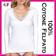 Maglia Intima Donna Manica Lunga COTONE FELPATO Caldo Maglietta Termica in Pizzo