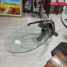 Tavolino ovale in vetro con scultura femminile in bronzo Moreau