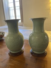 Coppia Vasi Porcellana Cinese Celadon Verde Giada