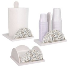 Set 3 pz Porta Bicchieri Tovaglioli e Rotolo legno white ALBERO ABBRACIO Cucina