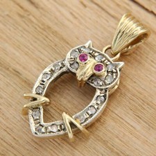 Ciondolo Gufo ORO Giallo 14 kt con DIAMANTI e RUBINI Portafortuna Pendente Donna