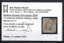 C42 ASI 1859 MODENA GOVERNO PROVVISORIO f.llo 20 cent ardesia violaceo US CERT  