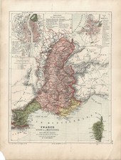 Carta geografica antica FRANCIA VERSANTE del MAR MEDITERRANEO 1867 Antique map