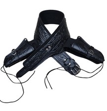 Pelle Nera Doppio Pistola Fondina Cintura Regolabile Cowboy West Con Silver Buck