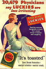 PUBBLICITA' 1930 SIGARETTE LUCKY STRIKE FUMO MEDICINA SMOKE DONNA MODA TABACCO