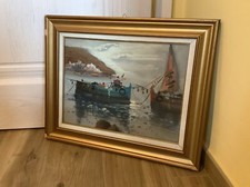 Quadro Olio Su Tela Barche Pescatori Paesaggio Marittimo 