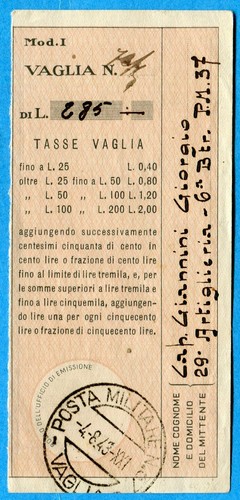 Posta militare vaglia - militare, n.