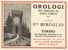 PUBBLICITA' 1926 OROLOGIO MIROGLIO TORINO TORRE CAMPANILE EDIFICI PUBBLICI 