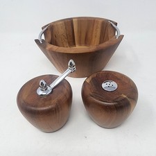 Vtg Wood Bowl and Apple shaped pepper grinder salt shaker 3 pc Stainless Steel