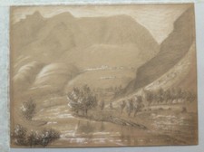 DISEGNO ANTICO MATITA SU CARTA PAESAGGIO MONTAGNE FIRMATO FRANCIA '800 BM53.2