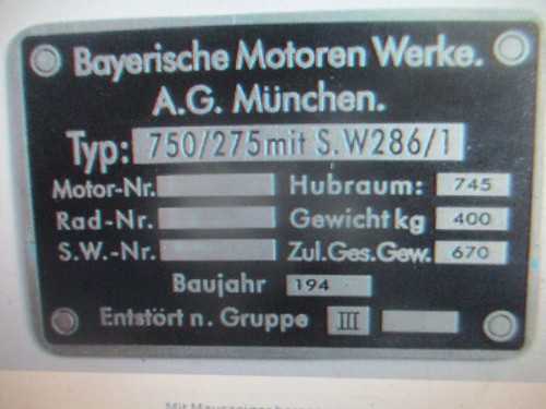 Targa bmw 275 750 r75 - bmw, r