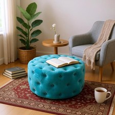 Pouf grande poggiapiedi 80 cm vintage blu velluto trapuntato seduta rotonda per camera da letto