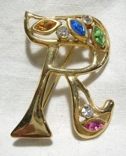 SPILLA VINTAGE ITALIA TONO ORO ARGENTO 925 LETTERA R STRASS COLORATI 7gr