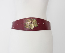 Cintura vintage a vita alta in pelle rossa foglie e fiori 