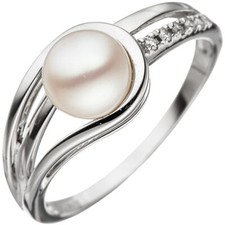 Anello Donna, Perla Colivata, Diamanti Brillanti, 585 Oro, Oro Bianco,