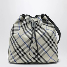 Borsa a secchiello media Burberry Lichen Check - twill di cotone e bordo in pelle di vitello
