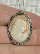 Spilla cammeo Madonna conchiglia intagliata argento 800 art deco vintage ciondolo +catena