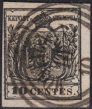 Lombardo Veneto, c. 10 nero carta a macchina usato col C3 di Montagnana (19).