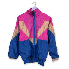 Giacca a vento Montana Vintage blu e rosa geometrica con zip anni 80 90 - Taglia