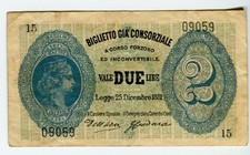 Banconota  2 Lire Biglietto Già Consorziale 25 Dicembre 1881