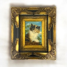 Antico Dipinto Olio Su Tavoletta Inglese Anni 40 Cornice 1800 Con Gatto