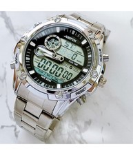 Orologio Polso Uomo Analogico Digitale Multifunzione Cronografo Silver