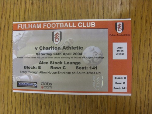 Biglietto 2004 fulham - 24/04/2004:, v