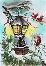 LAMPIONE INVERNALE NATALE CON NEVE ACEO originale carta dipinto pastello