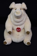 Nuovo maiale peluche 14" TRUDI rosa, animale morbido, occhi azzurri e colletto/etichetta rosso, Italia