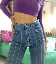 Jeans Donna Vita Alta gessati Blu Mom stradivarius  XS 