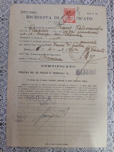 Documento storico 1943 messina - documento,